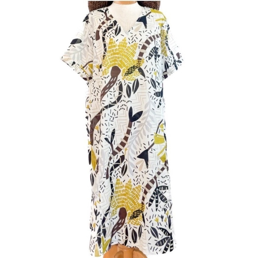 Gudrun‎ Sjoden Abstract Floral Lagenlook White Yellow Midi Dress Cotton Small
